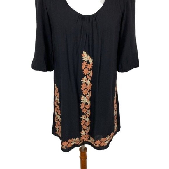 Theme Black Embroidered Boho Tunic Dress Small Floral Peasant Festival Retro - Picture 2 of 6